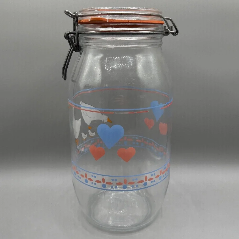 Vintage ARC France Hearts & Geese Glass Canister Set 4 Clamp Lid Wire Bail Jars